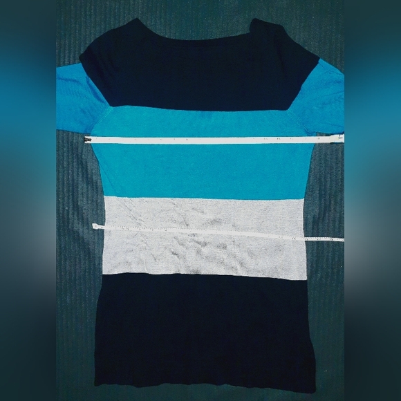 Sweater Dress with Blue, grey, black colour-blocked stripes, fits S-L - Picture 12 of 14